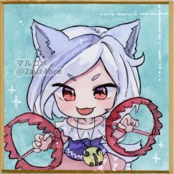 Rule 34 | 2zuz4hru, animal ears, chibi, collarbone, commentary request, dog ears, dog tail, bear trap, frilled shirt, frills, grey hair, jewelry, mitsugashira enoko, multicolored hair, multiple tails, necklace, off-shoulder shirt, off shoulder, open mouth, painting (medium), pink skirt, purple shirt, red eyes, shirt, skirt, tail, touhou, traditional media, two-tone hair, unfinished dream of all living ghost, watercolor (medium), white hair
