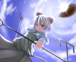 Rule 34 | 1girl, animal ears, baram, capelet, cloud, dowsing rod, female focus, grey hair, jewelry, long sleeves, mouse ears, mouse tail, nazrin, open mouth, pendant, red eyes, short hair, sky, solo, sparkle, sun, tail, touhou