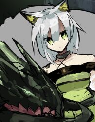 Rule 34 | 1girl, animal ear fluff, animal ears, arknights, bare shoulders, cat ears, closed mouth, dress, expressionless, green dress, green eyes, grey hair, highres, kal&#039;tsit (arknights), looking at viewer, material growth, mon3tr (arknights), monster, off-shoulder dress, off-shoulder jacket, off shoulder, oripathy lesion (arknights), short hair, upper body, user mvyy7457