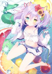 Rule 34 | 1girl, amanagi seiji, animal ears, cat ears, flower, food, fruit, hair flower, hair ornament, heterochromia, hibiscus, jacket, looking at viewer, midriff, open clothes, open jacket, original, pleated skirt, purple hair, sailor collar, short twintails, sitting, skirt, solo, strapless, twintails, wariza