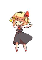 Rule 34 | 1girl, arms up, ascot, black eyes, blonde hair, chibi, collar, collared shirt, dairi, full body, grey skirt, grey vest, hair between eyes, hair ribbon, hands up, long skirt, long sleeves, looking to the side, open mouth, red ascot, red eyes, red footwear, red ribbon, ribbon, rumia, shaded face, shirt, shoes, short hair, simple background, skirt, smile, smug, socks, solo, standing, star (symbol), tachi-e, touhou, transparent background, vest, white background, white shirt, white sleeves, white socks