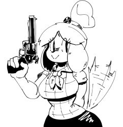 Rule 34 | 1girl, :&gt;, animal crossing, animal ears, arm behind back, bad id, bad tumblr id, bell, closed mouth, collared shirt, dog ears, dog girl, dog tail, female focus, finger on trigger, furry, furry female, greyscale, gun, hair tie, hand up, handgun, happy, holding, holding gun, holding weapon, isabelle (animal crossing), jingle bell, lilmoonie, looking to the side, monochrome, motion lines, neckerchief, nintendo, parted bangs, plaid, plaid shirt, revolver, shirt, short hair, short sleeves, simple background, sketch, skirt, smile, solo, split mouth, tail, tail wagging, topknot, weapon, white background, wide-eyed, wide hips