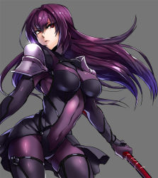 Rule 34 | 1girl, armor, bodysuit, breasts, covered navel, fate/grand order, fate (series), gae bolg (fate), hair intakes, holding, holding weapon, kaneaki mukku, large breasts, long hair, pauldrons, polearm, purple bodysuit, purple hair, red eyes, scathach (fate), scathach (fate), shoulder armor, solo, spear, weapon