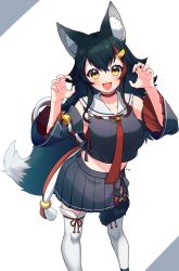 Rule 34 | 1girl, absurdres, animal ear fluff, animal ears, black hair, blush, choker, claw pose, detached sleeves, hair ornament, hairclip, highres, hololive, long hair, looking at viewer, midriff, multicolored hair, ookami mio, ookami mio (1st costume), open mouth, pleated skirt, sakura chiyo (konachi000), simple background, skirt, solo, streaked hair, tail, tail wrap, thighhighs, virtual youtuber, white background, wolf ears, wolf tail, yellow eyes