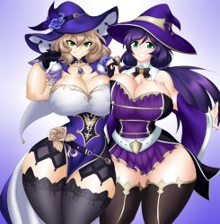Rule 34 | 2girls, absurdres, bare shoulders, belt, black gloves, black legwear, blush, breasts, brown hair, cleavage, collar, corset, cowboy shot, detached sleeves, dress, genshin impact, gloves, gradient background, green eyes, hair between eyes, hat, highres, kyelyn, large breasts, lisa (genshin impact), long sleeves, looking at viewer, love live!, love live! school idol project, multiple girls, purple background, purple dress, purple hair, purple headwear, short sleeves, smile, standing, strapless, thick thighs, thighhighs, thighs, tojo nozomi, twintails, wide hips, witch hat