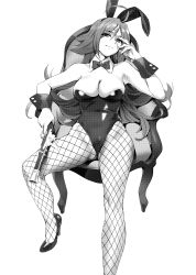 Rule 34 | 1girl, absurdres, animal ears, bare shoulders, breasts, chair, cleavage, detached collar, fake animal ears, fate/grand order, fate (series), fishnet pantyhose, fishnets, francis drake (fate), greyscale, gun, high heels, highres, holding, holding weapon, large breasts, leotard, long hair, looking at viewer, monochrome, pantyhose, playboy bunny, rabbit ears, scan, scar, simple background, smile, solo, strapless, strapless leotard, weapon, white background, wrist cuffs, yd (orange maru)
