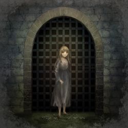 Rule 34 | 1girl, barefoot, brick wall, brown eyes, dress, female focus, full body, gate, grass, grey dress, highres, long hair, looking at viewer, original, portcullis, solo, standing, torn clothes, yoruneiges