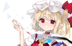 Rule 34 | 1girl, blonde hair, blurry, blurry foreground, closed mouth, depth of field, flandre scarlet, hat, highres, holding, medium hair, mob cap, multicolored wings, nail polish, pointy ears, puffy short sleeves, puffy sleeves, ramochi, red eyes, red nails, red vest, shirt, short sleeves, simple background, solo, touhou, upper body, vest, white background, white hat, white shirt, wings