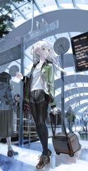 Rule 34 | 1girl, aspara, black pantyhose, blouse, clock, commentary request, day, highres, indoors, jacket, long hair, looking to the side, luggage, original, pantyhose, pantyhose under shorts, rolling suitcase, shirt, shorts, solo focus, standing, suitcase, train station, white hair, white shirt