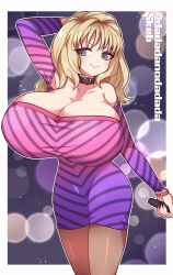 Rule 34 | &gt;:), 1girl, arm over head, bare shoulders, bleached hair, blonde hair, breasts, choker, cleavage, commission, dadadanoda, dress, huge breasts, microphone, pandora peaks, real life, skeb commission, tight clothes, tight dress, twitter username, v-shaped eyebrows
