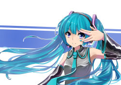 Rule 34 | 1girl, aqua hair, armpits, bare shoulders, blue eyes, detached sleeves, hatsune miku, headset, long hair, loobely, looking at viewer, nail polish, necktie, simple background, smile, solo, twintails, very long hair, vocaloid
