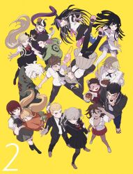 Rule 34 | 6+boys, 6+girls, ahoge, bandaged arm, bandaged leg, bandages, black bow, black dress, black hair, black jacket, black serafuku, black thighhighs, blonde hair, blue eyes, blue hair, blue skirt, blue thighhighs, bow, bowtie, braid, brown hair, camera, chain, cham-p, coat, collared shirt, danganronpa (series), danganronpa 2: goodbye despair, dark-skinned female, dark skin, dress, everyone, food, fork, from above, glasses, green bow, green coat, green jumpsuit, green necktie, grey eyes, grey hair, hair ribbon, hamster, hanamura teruteru, highres, hinata hajime, holding, holding camera, holding fork, holding plate, jacket, japanese clothes, jum-p, jumpsuit, kimono, koizumi mahiru, komaeda nagito, kuzuryu fuyuhiko, long hair, looking at another, looking at viewer, looking to the side, looking up, maga-g, mary janes, mioda ibuki, mismatched thighhighs, mt2 (sub mmt), multicolored hair, multiple boys, multiple girls, nanami chiaki, neckerchief, necktie, nidai nekomaru, obi, open clothes, open jacket, orange eyes, orange kimono, owari akane, partially unbuttoned, pekoyama peko, pink eyes, pink footwear, pink hair, pink shirt, pink thighhighs, plate, pleated skirt, puffy short sleeves, puffy sleeves, purple eyes, purple scarf, red bow, red bowtie, red footwear, red hair, red neckerchief, red necktie, red skirt, ribbon, saionji hiyoko, sandals, sash, scar, scar across eye, scar on leg, scarf, school uniform, serafuku, shirt, shoes, short hair, short sleeves, sideburns, simple background, skirt, soda kazuichi, sonia nevermind, streaked hair, striped clothes, sun-d, tanaka gundham, thighhighs, togami byakuya (danganronpa 2), torn clothes, torn thighhighs, tsumiki mikan, twin braids, twintails, twitter username, two-tone hair, white footwear, white hair, white ribbon, white shirt, yellow background