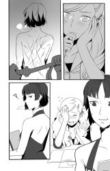 Rule 34 | 10s, 2girls, ?, backless outfit, bare shoulders, bdsm, blush, book, collarbone, comic, commentary, closed eyes, female pervert, greyscale, hand on own face, holding, imagining, monochrome, multiple girls, niijima makoto, open mouth, paper, persona, persona 5, pervert, radiostarkiller, silent comic, sweat, takamaki anne, twintails, whip, whip marks, yuri