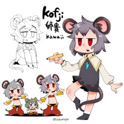Rule 34 | 3girls, animal ears, bandeau, blue eyes, blush, bracer, commentary request, cookie (touhou), cosplay, crystal, dress, fake nyon (cookie), flat chest, full body, grey dress, grey hair, holding, holding pencil, jewelry, kofji (cookie), kohakagutibi, mouse ears, mouse girl, mouse tail, multiple girls, nazrin, nyon (cookie), open mouth, pants, pencil, pendant, red bandeau, red eyes, red pants, shantae, shantae (cosplay), shantae (series), short hair, simple background, smile, standing, tail, touhou, white background