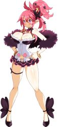 Rule 34 | 1girl, bracelet, breasts, cleavage, disgaea, disgaea 5, dismania (xenoman), hair ornament, hand on own hip, hands on own hips, huge breasts, jewelry, large breasts, long hair, miniskirt, pink hair, pointy ears, ponytail, purple eyes, seraphina (disgaea), skirt, smile, solo, standing