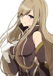 Rule 34 | 1girl, absurdres, bare shoulders, blue eyes, breasts, brown dress, brown sleeves, closed mouth, commentary request, detached sleeves, dress, eyes visible through hair, gloves, hair over one eye, hand on own chest, high collar, highres, large breasts, light blush, light brown hair, light smile, long hair, looking at viewer, risumi (taka-fallcherryblossom), sidelocks, sketch, sleeveless, sleeveless dress, solo, swept bangs, tales of (series), tales of the abyss, tear grants, upper body, very long hair, white background, white gloves
