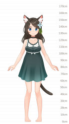 Rule 34 | 1girl, aina (mao lian), animal ear fluff, animal ears, arms at sides, bare shoulders, barefoot, black choker, blue eyes, breasts, brown hair, cat ears, cat tail, choker, closed mouth, dress, full body, green dress, height chart, highres, long hair, looking at viewer, mao lian (nekokao), medium breasts, original, pigeon-toed, pregnant, smile, solo, standing, tail