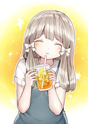 Rule 34 | 1girl, :p, ^ ^, bad id, bad pixiv id, blush, bow, closed eyes, closed mouth, commentary request, cup, dress, drink, drinking glass, drinking straw, facing viewer, grey dress, grey hair, hair bow, hands up, highres, holding, holding cup, ice, ice cube, kurata rine, long hair, original, shirt, short sleeves, sleeveless, sleeveless dress, smile, solo, tongue, tongue out, upper body, white bow, white shirt