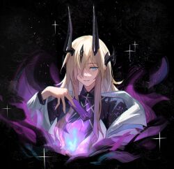 Rule 34 | 1girl, arknights, black background, black dress, blonde hair, blue eyes, blue fire, commentary, dragon girl, dragon horns, dress, eblana (arknights), fire, hair over one eye, holding, horns, jacket, li2 su2, light in heart, long hair, looking to the side, purple fire, simple background, smile, solo, sparkle, talisman, upper body, white jacket