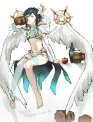 Rule 34 | 1boy, apple, barefoot, black hair, blue hair, bottle, braid, bridal gauntlets, capelet, closed eyes, commentary, crop top, drinking, elbow gloves, feathered wings, flower, food, fruit, genshin impact, gloves, gold trim, gradient hair, hair flower, hair ornament, happy birthday, highres, hood, hooded capelet, male focus, multicolored hair, official alternate costume, shirt, short hair with long locks, shorts, single thighhigh, solo, talesofmea, tankard, thighhighs, toeless legwear, twin braids, venti (archon) (genshin impact), venti (genshin impact), white background, white flower, white gloves, white shirt, white shorts, white wings, wine bottle, wings