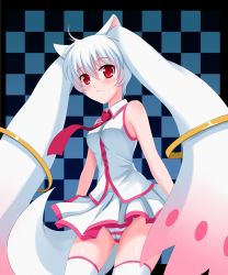 Rule 34 | 10s, 1girl, :3, bare shoulders, blush, checkered background, hatsune miku, highres, kyubey, long hair, mahou shoujo madoka magica, mahou shoujo madoka magica (anime), navel, necktie, panties, pantyshot, personification, pink panties, red eyes, short hair, skirt, solo, striped clothes, striped panties, thighhighs, twintails, underwear, upskirt, very long hair, vocaloid, white hair, white panties, windtalker