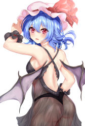 Rule 34 | 1girl, armpits, ass, back, bat wings, blue hair, breasts, commentary request, from behind, hat, kaeranu kaeru, looking at viewer, medium breasts, mob cap, pink hat, red eyes, remilia scarlet, short hair, sideboob, simple background, solo, touhou, white background, wings, wrist cuffs