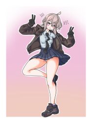 Rule 34 | 1girl, absurdres, ahoge, ankle socks, black gloves, black necktie, blue sky, blush, border, breast pocket, breasts, brown footwear, brown jacket, collared shirt, commentary, double v, el aberracion, english commentary, full body, girls&#039; frontline, gloves, gluteal fold, grey hair, hands up, highres, hood, hood down, hooded jacket, jacket, long hair, long sleeves, looking at viewer, m200 (girls&#039; frontline), medium breasts, necktie, open clothes, open jacket, panties, pantyshot, pleated skirt, pocket, ponytail, purple eyes, shirt, shirt tucked in, shoes, skirt, sky, socks, solo, standing, standing on one leg, thighs, tie clip, underwear, v, wavy mouth, white border, white panties, white shirt