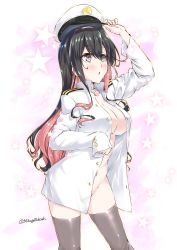 Rule 34 | 1girl, black hair, blush, breasts, commentary request, cowboy shot, grey eyes, grey thighhighs, hat, kantai collection, large breasts, long hair, looking up, mikage takashi, military, military uniform, multicolored hair, naganami (kancolle), naval uniform, no bra, no panties, open clothes, open mouth, peaked cap, pink hair, shirt, sleeves past wrists, solo, standing, star (symbol), starry background, thighhighs, twitter username, two-tone hair, uniform, wavy hair, white background, white hat, white shirt