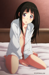 10s 1girl 2012 :o artist_name bad_id bad_pixiv_id barefoot bed black_hair blush breasts chitanda_eru collarbone dated dress_shirt feet female_focus hyouka kama_iruka long_hair looking_at_viewer medium_breasts naked_shirt pink_eyes shirt sitting solo wariza