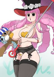 Rule 34 | 1girl, :o, absurdres, covered erect nipples, hat, highres, maebari, one piece, parasol, pasties, perona, shinsutebachi, skindentation, solo, sweat, tagme, thighhighs, umbrella, watch, wristwatch