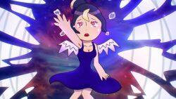 Rule 34 | 1girl, angel wings, armpits, bad anatomy, bad hands, bare shoulders, black hair, blonde hair, blue dress, breasts, broken glass, cleavage, collarbone, dress, flower, galaxy, glass, hair bun, hair flower, hair ornament, looking at viewer, mai (synthesizer v), medium breasts, multicolored hair, open mouth, outstretched hand, pink eyes, sad, sidelocks, single hair bun, sleeveless, sleeveless dress, solo, synthesizer v, tears, two-tone hair, white wings, wings, yellow pupils, zyla zo.