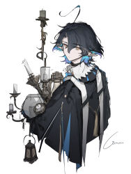 Rule 34 | 1boy, absurdres, ahoge, arknights, black hair, black jacket, blue hair, candle, cropped torso, dongsheng, hair between eyes, highres, jacket, lantern, looking at viewer, looking to the side, lumen (arknights), multicolored hair, orange eyes, pointy ears, signature, simple background, sketch, solo, two-tone hair, upper body, white background