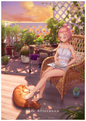 Rule 34 | 1girl, animal, balcony, ball, bare arms, bare legs, bare shoulders, barefoot, bigxixi, blue eyes, blush, bowl, camisole, candle, closed mouth, cloth, cloud, cloudy sky, collarbone, dog, drill hair, english text, engrish text, evening, feet, female focus, flower pot, forehead, full body, hair bun, highres, jar, looking down, on chair, original, outdoors, pink hair, pixiv username, plant, potted plant, ranguage, reading, shiba inu, short hair, shorts, signature, single hair bun, sitting, sky, smile, solo, spaghetti strap, sunlight, toes, towel, twin drills, twitter username, weibo watermark, white shorts