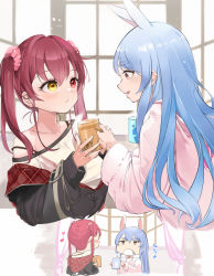 Rule 34 | 2girls, animal ears, blue hair, blush, commentary request, cup, hair between eyes, heterochromia, highres, holding, holding cup, hololive, houshou marine, houshou marine (summer), long hair, looking at another, mimizuku (mmiganaru), multiple girls, parted lips, rabbit ears, red eyes, red hair, translation request, twintails, usada pekora, virtual youtuber, yellow eyes