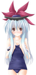 Rule 34 | 1girl, blush, brown eyes, clothes pull, female focus, hat, kamishirasawa keine, one-piece swimsuit, one-piece swimsuit pull, school swimsuit, simple background, solo, swimsuit, tateha (marvelous grace), tears, touhou, white hair
