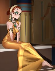 Rule 34 | 1girl, absurdres, armlet, breasts, brown eyes, cleopatra, covered erect nipples, dress, egyptian, egyptian clothes, eyeshadow, green eyeshadow, hair bun, hairband, highres, jewelry, looking at viewer, makeup, necklace, pzkpfwi, real life, red hair, sitting, small breasts, solo