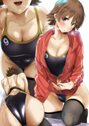 Rule 34 | 1girl, ass, back, black one-piece swimsuit, black thighhighs, blush, breasts, breath, brown eyes, brown hair, cleavage, commentary request, competition swimsuit, drawstring, full body, grey thighhighs, head tilt, highleg, highleg swimsuit, honda mio, idolmaster, idolmaster cinderella girls, jacket, large breasts, leg up, logo, long sleeves, looking at viewer, multiple views, one-piece swimsuit, open clothes, open jacket, open mouth, partially unzipped, pija (pianiishimo), shiny clothes, short hair, simple background, swimsuit, teeth, thighhighs, unzipping, upper teeth only, water, wet, white background