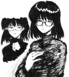 Rule 34 | 00s, 1girl, bespectacled, black hair, bob cut, glasses, greyscale, izumino, looking at viewer, monochrome, school rumble, short hair, simple background, sketch, solo, traditional media, tsukamoto yakumo, turtleneck, white background