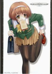 Rule 34 | bag, bread slice, brown eyes, brown hair, food, food in mouth, hairband, highres, kimizuka aoi, leaning, leaning forward, mouth hold, pantyhose, plaid, putting on shoes, scan, scan artifacts, school bag, school uniform, short hair, skirt, sparkle, standing, standing on one leg, toast, toast in mouth