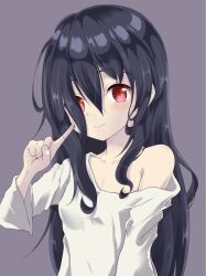 Rule 34 | 1girl, azumawari (azumofu), bare shoulders, black hair, breasts, closed mouth, collarbone, commentary request, grey background, hair over one eye, hand up, looking at viewer, off shoulder, red eyes, shirt, simple background, small breasts, solo, the ring, upper body, white shirt, yamamura sadako