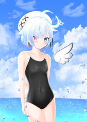 Rule 34 | 1girl, amemiya nazuna, angel wings, arms behind back, black one-piece swimsuit, blue eyes, blue sky, breasts, cloud, commentary request, commission, competition school swimsuit, covered navel, day, earrings, hair ornament, halo, heterochromia, highres, horizon, jewelry, key, looking at viewer, ocean, one-piece swimsuit, outdoors, pink eyes, pixiv commission, school swimsuit, short hair, single wing, sky, small breasts, solo, surgate matias, swimsuit, virtual youtuber, vshojo, water drop, white hair, white headwear, wings, x hair ornament