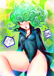 Rule 34 | 1girl, angry, black dress, breasts, collarbone, curly hair, dress, green background, green eyes, green hair, hakkasame, highres, long sleeves, looking to the side, matching hair/eyes, one-punch man, open mouth, short hair, sitting, small breasts, solo, tatsumaki, thick thighs, thighs