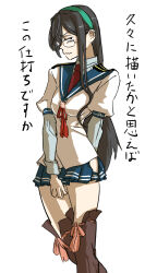 Rule 34 | 1girl, black hair, blue sailor collar, blue skirt, boots, commentary request, feet out of frame, green hairband, hairband, hip vent, kantai collection, layered sleeves, long hair, long sleeves, megakura kinshi, necktie, ooyodo (kancolle), pleated skirt, red necktie, sailor collar, school uniform, serafuku, shirt, short over long sleeves, short sleeves, skirt, solo, standing, thigh boots, translation request, white shirt