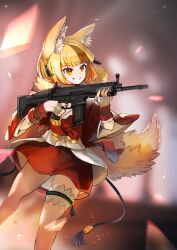 Rule 34 | 1girl, absurdres, animal ear fluff, animal ears, assault rifle, blonde hair, blurry, blurry background, commentary, commission, english commentary, feet out of frame, fingerless gloves, fire emblem, fn scar, fox ears, fox girl, fox tail, fur-trimmed jacket, fur trim, glint, gloves, gold, grin, gun, hair ornament, highres, holding, holding weapon, jacket, miniskirt, muff (omochilab), nintendo, obi, red jacket, red sash, red skirt, red wrist cuffs, rifle, sash, second-party source, selkie (fire emblem), short hair, skeb commission, skirt, smile, solo, standing, tail, tassel, tassel hair ornament, thigh strap, weapon, white gloves, wide sleeves, wrist cuffs, yellow eyes, yellow tail