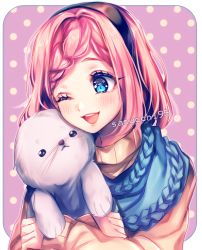 Rule 34 | 1girl, ;d, blue eyes, blue scarf, blush, braid, brown sweater, close-up, commission, hair ornament, hairband, highres, hug, one eye closed, open mouth, original, pink hair, sasucchi95, scarf, seal (animal), short hair, smile, sweater, upper body