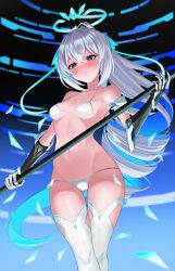 Rule 34 | 1girl, absurdres, aircell, bare shoulders, bikini, black eyes, blue hair, blush, breasts, bronya zaychik, bronya zaychik (herrscher of truth), closed mouth, feet out of frame, gloves, grey hair, hair between eyes, halo, highres, holding, holding polearm, holding weapon, honkai (series), honkai impact 3rd, long hair, medium breasts, multicolored hair, navel, pink pupils, polearm, solo, swimsuit, thighhighs, two-tone hair, very long hair, weapon, white bikini, white thighhighs