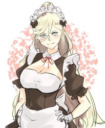 Rule 34 | 1girl, alternate costume, alternate hairstyle, apron, blonde hair, breasts, cleavage, commentary request, grey eyes, hair between eyes, highres, kantai collection, large breasts, long hair, looking at viewer, maid, maid apron, maid headdress, mochizou, mole, mole under eye, one-hour drawing challenge, richelieu (kancolle), simple background, smile, solo, very long hair