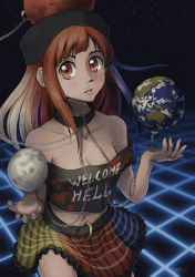 Rule 34 | 1girl, bare shoulders, blush, breasts, cleavage, collarbone, crop top, hecatia lapislazuli, highres, midriff, miniskirt, multicolored clothes, multicolored skirt, navel, off-shoulder shirt, off shoulder, plaid, plaid skirt, red eyes, red hair, shirt, skirt, small breasts, touhou, velkia