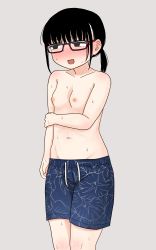 Rule 34 | 1girl, absurdres, artist request, black eyes, black hair, blue male swimwear, blue swim trunks, blush, breasts, character request, copyright request, embarrassed, female focus, floral print, floral swimsuit, glasses, grey background, highres, looking away, male swimwear, male swimwear challenge, nipples, open mouth, ponytail, print male swimwear, print swim trunks, short hair, simple background, small breasts, solo, source request, standing, sweat, swim trunks, swimsuit, topless