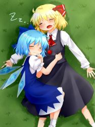 Rule 34 | 2girls, ^ ^, blonde hair, blouse, blue hair, cirno, closed eyes, dress, drooling, closed eyes, fang, grass, hair ribbon, lying, multiple girls, namino., on back, on grass, ribbon, rumia, shirt, skirt, sleeping, smile, touhou, vest, wings, zzz